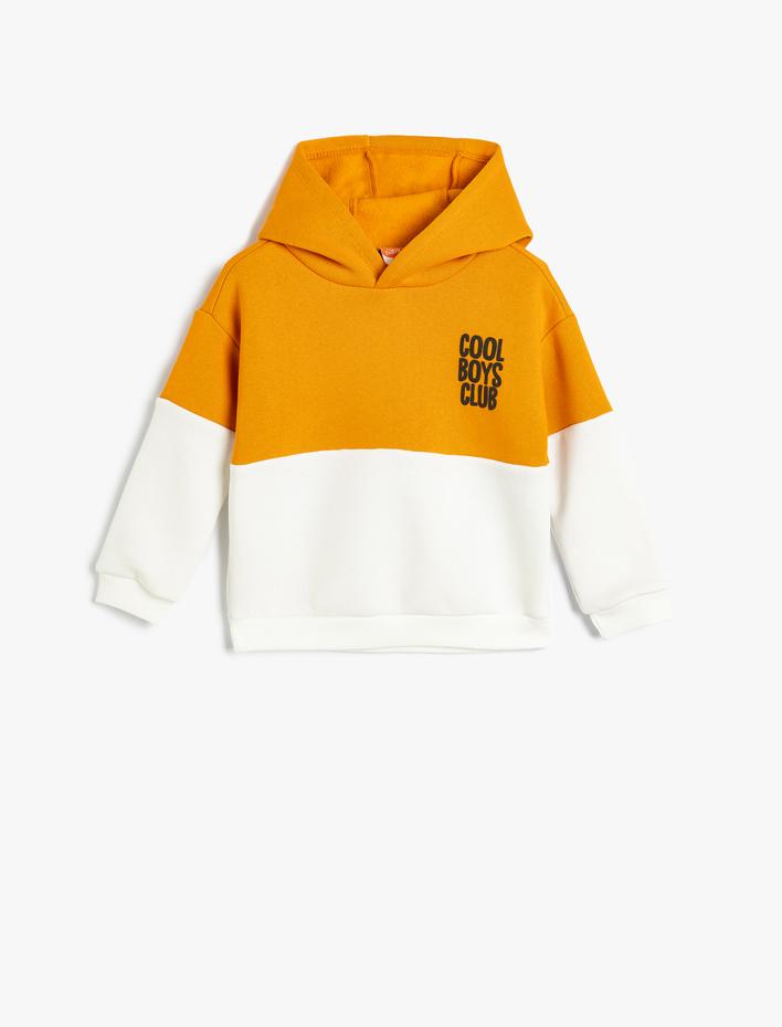 Erkek Bebek Kapşonlu Sweatshirt Renk Bloklu Slogan Baskılı Şardonlu