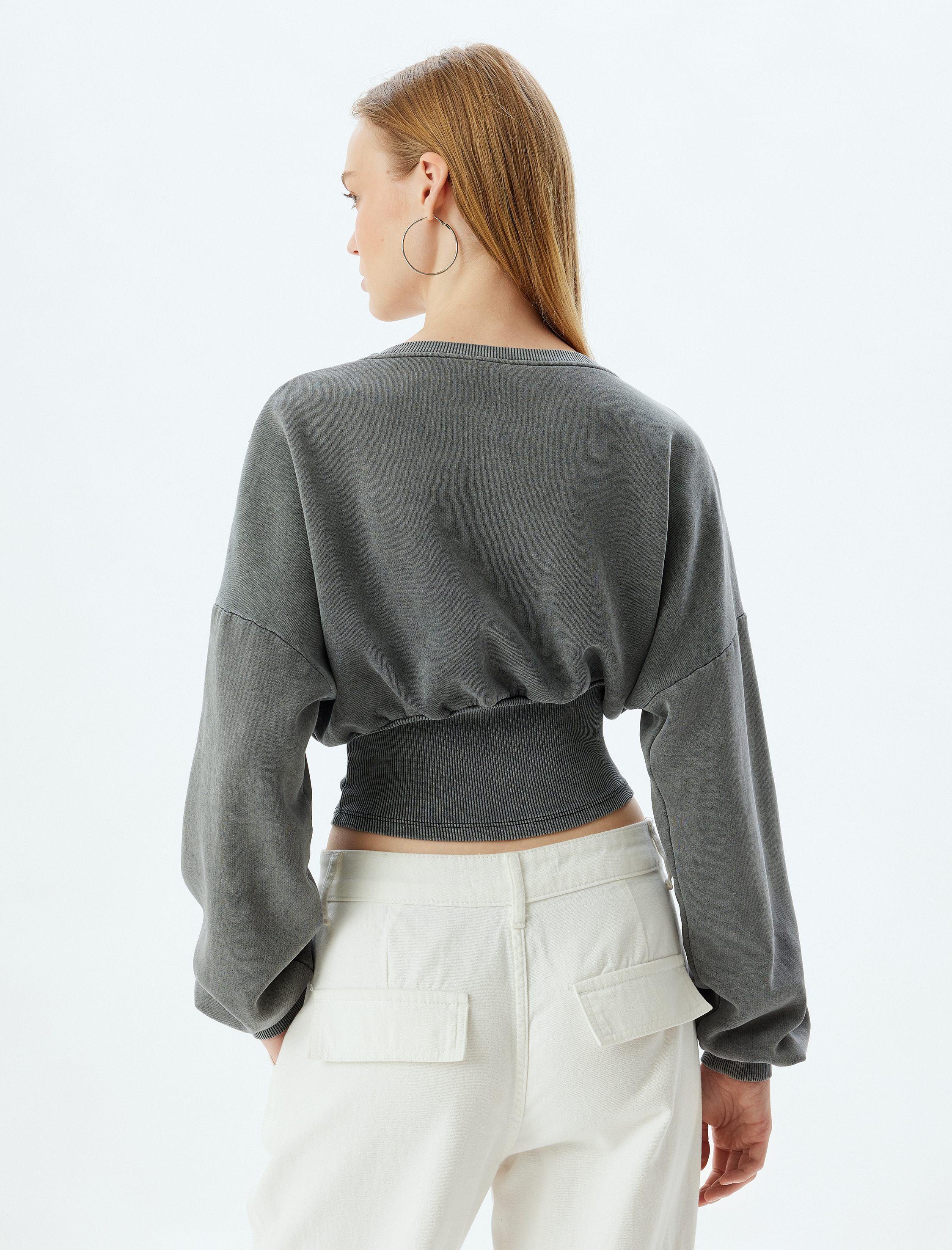   Şardonlu Crop Sweatshirt Korse Görünümlü Yıkamalı Bisiklet Yaka Slim Fit