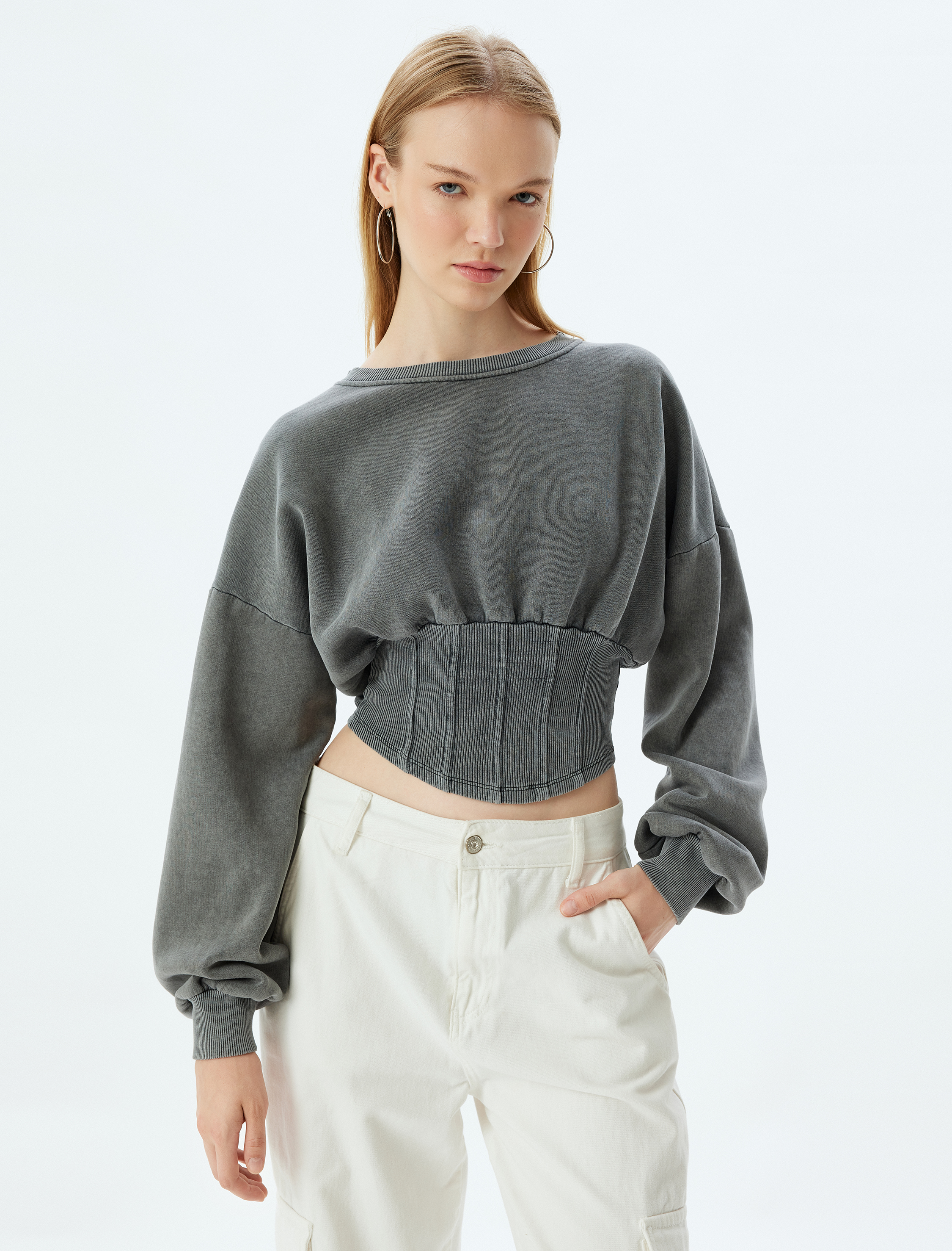   Şardonlu Crop Sweatshirt Korse Görünümlü Yıkamalı Bisiklet Yaka Slim Fit