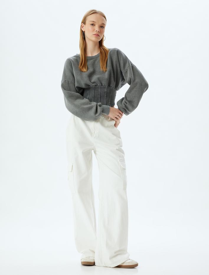  Şardonlu Crop Sweatshirt Korse Görünümlü Yıkamalı Bisiklet Yaka Slim Fit