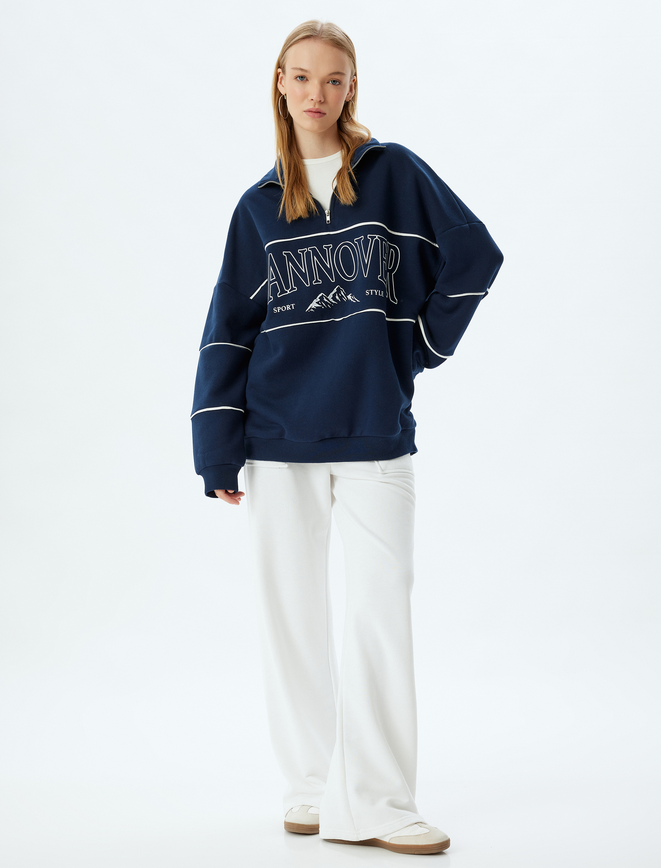   Şardonlu Oversize Sweatshirt Yarım Fermuarlı Kolej Baskılı Dik Yaka