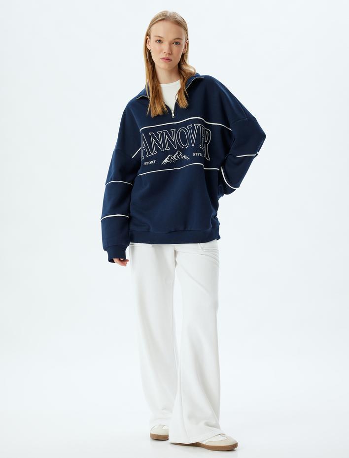  Şardonlu Oversize Sweatshirt Yarım Fermuarlı Kolej Baskılı Dik Yaka