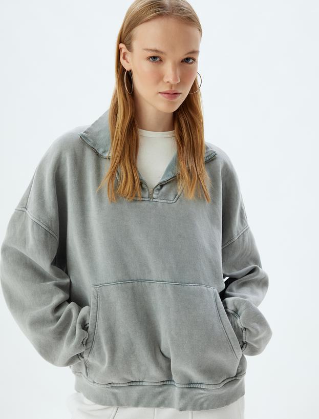 Oversize Sweatshirt Yarım Fermuarlı Kanguru Cepli Yıkamalı Dik Yaka_0