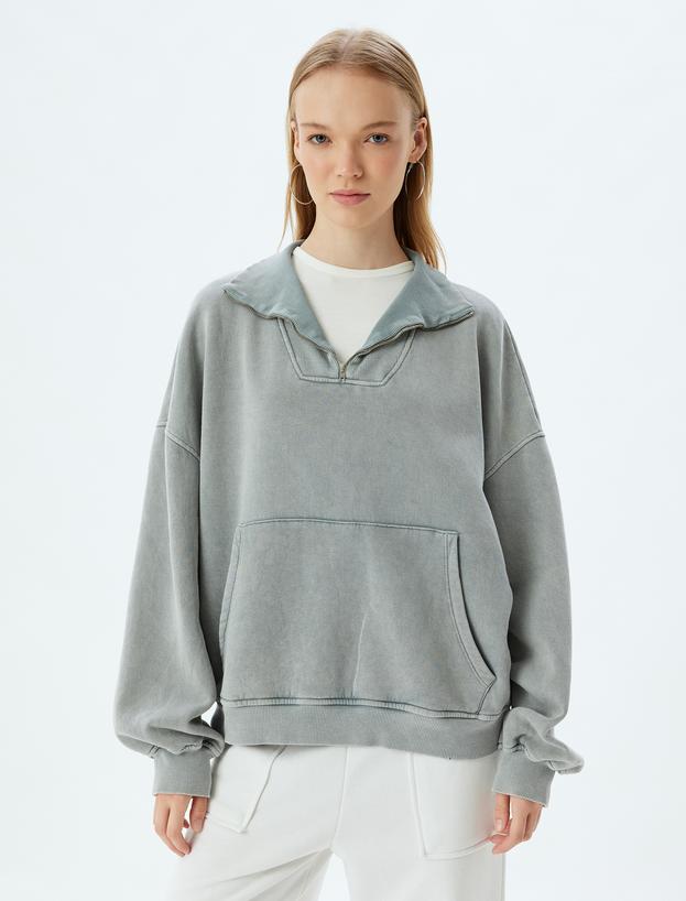 Oversize Sweatshirt Yarım Fermuarlı Kanguru Cepli Yıkamalı Dik Yaka_2