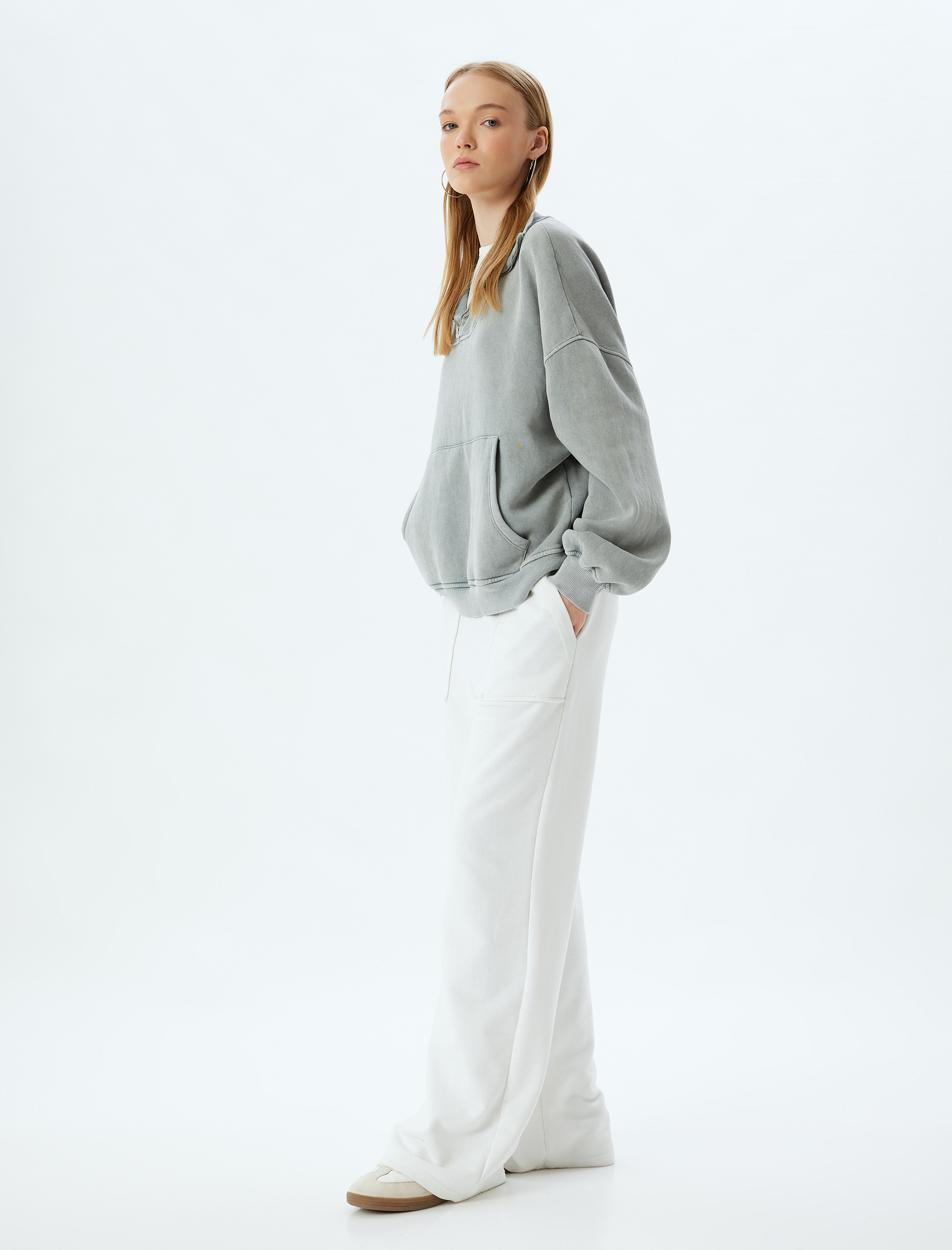   Şardonlu Oversize Sweatshirt Yarım Fermuarlı Kanguru Cepli Yıkamalı Dik Yaka