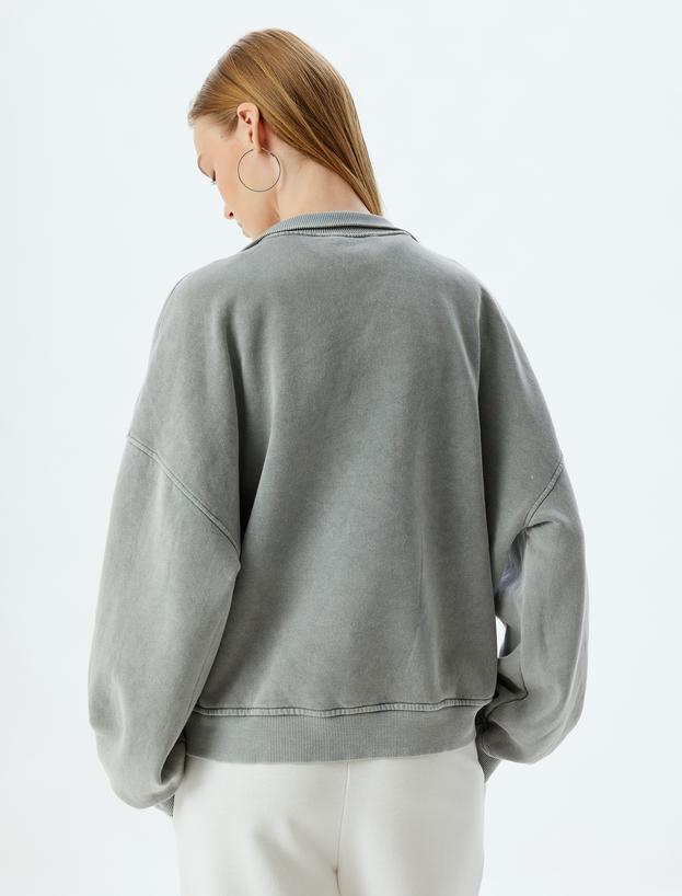 Oversize Sweatshirt Yarım Fermuarlı Kanguru Cepli Yıkamalı Dik Yaka_3