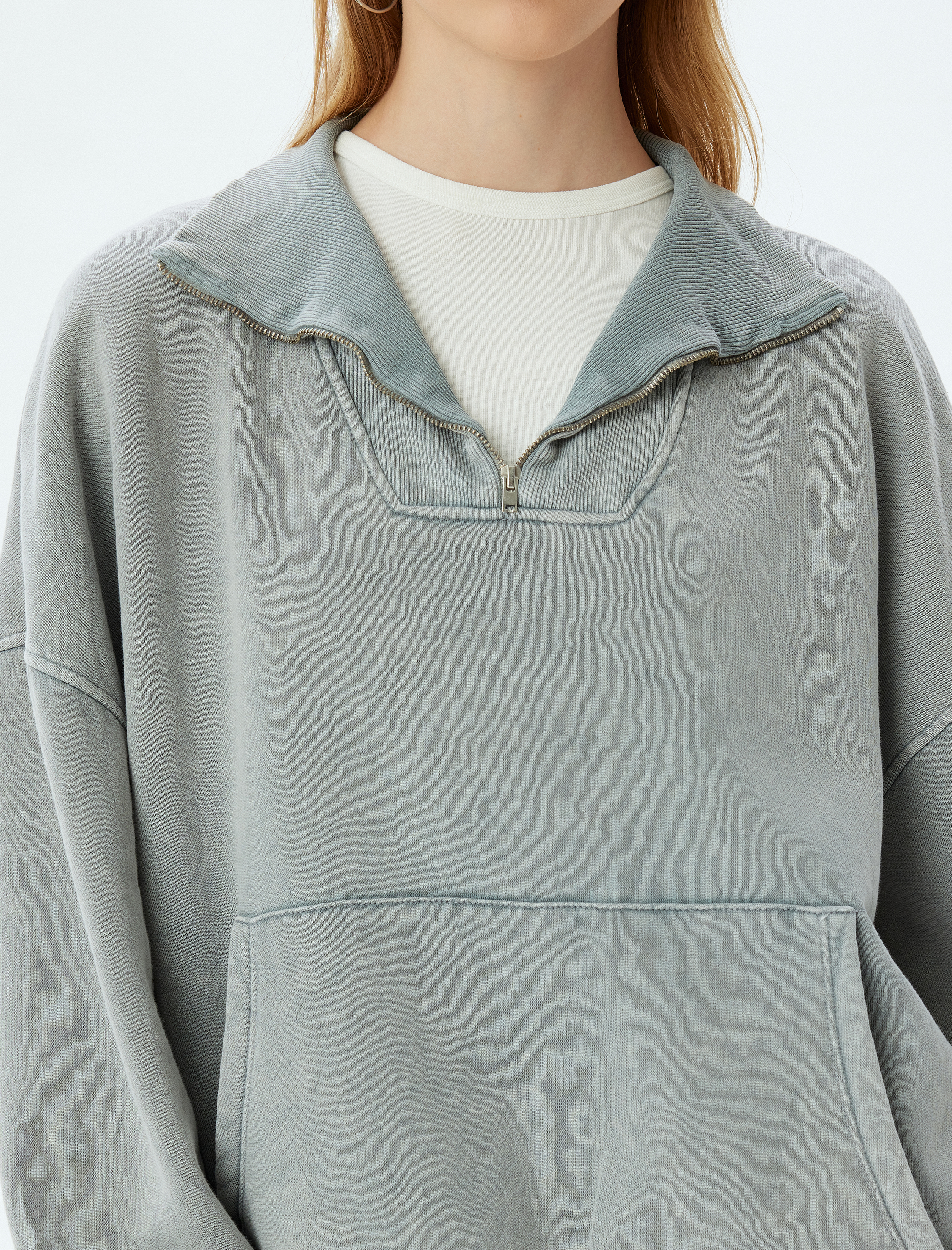   Şardonlu Oversize Sweatshirt Yarım Fermuarlı Kanguru Cepli Yıkamalı Dik Yaka