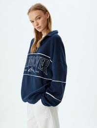 Oversize Sweatshirt Yarım Fermuarlı Kolej Baskılı Dik Yaka