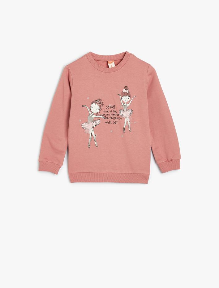 Kız Bebek Sweatshirt Balerin Baskılı Uzun Kollu Şardonlu Pamuklu