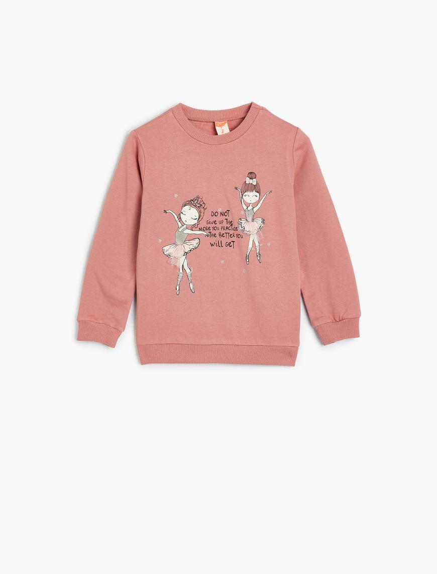  Kız Bebek Sweatshirt Balerin Baskılı Uzun Kollu Şardonlu Pamuklu