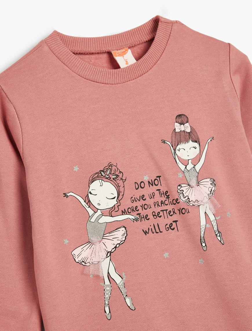  Kız Bebek Sweatshirt Balerin Baskılı Uzun Kollu Şardonlu Pamuklu