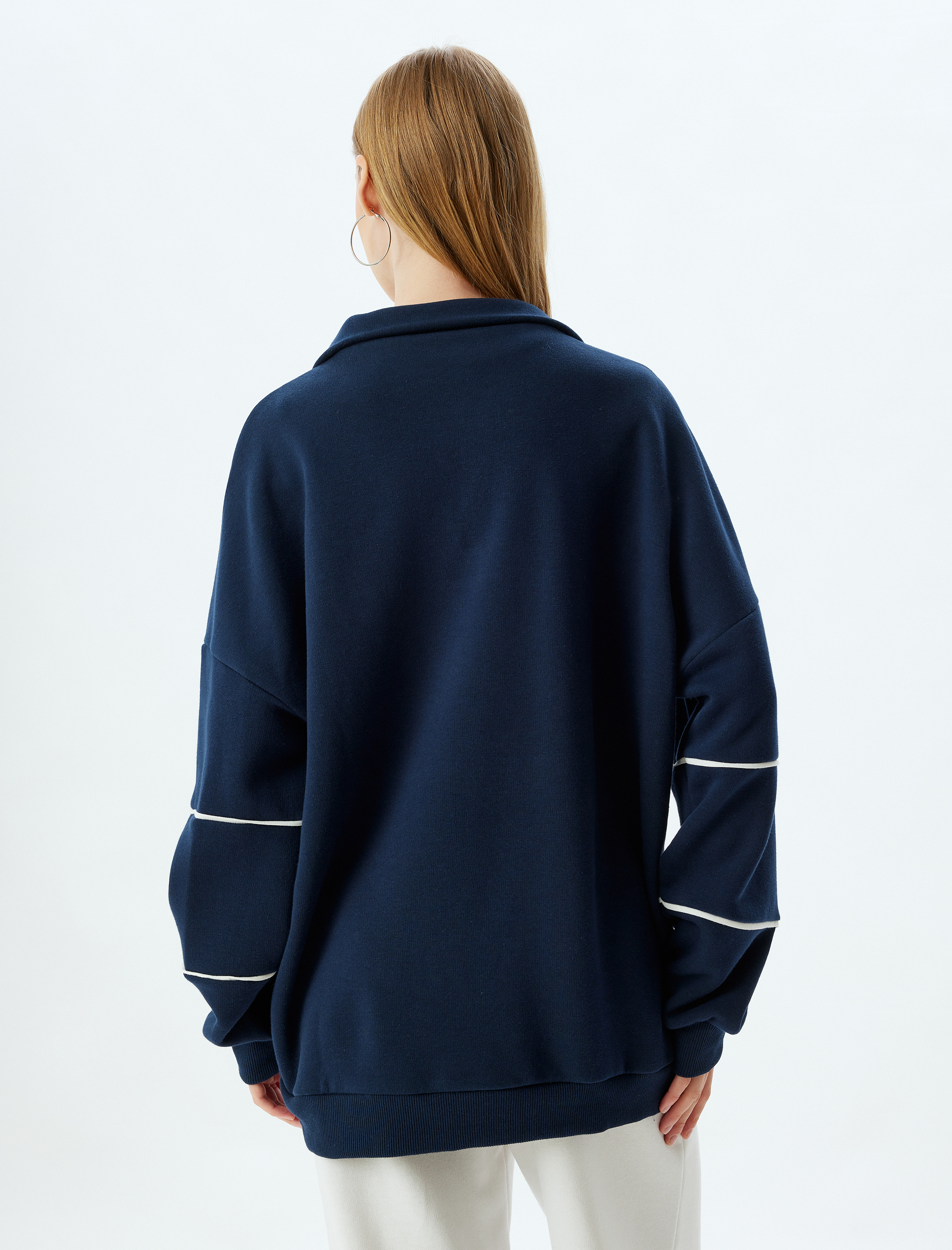   Şardonlu Oversize Sweatshirt Yarım Fermuarlı Kolej Baskılı Dik Yaka