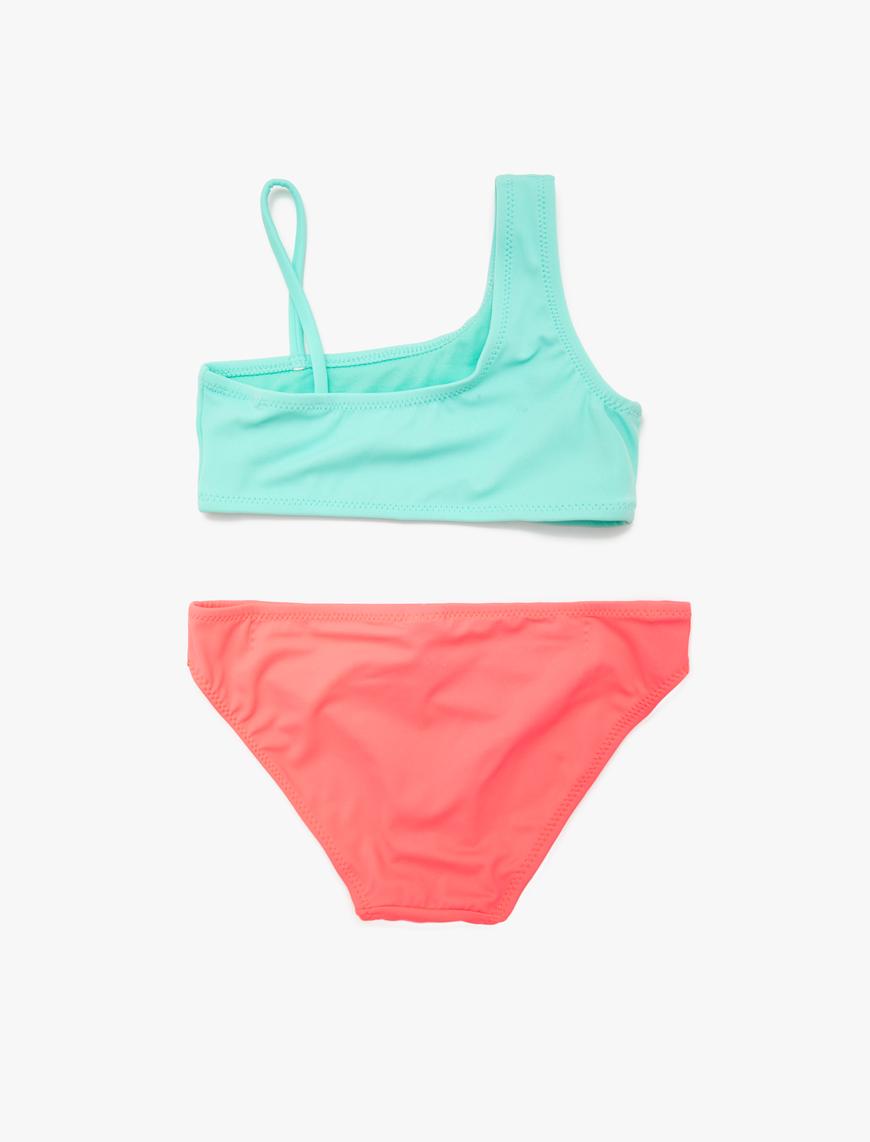  Kız Çocuk Bikini Set Tek Omuz Simli Baskılı Renk Bloklu
