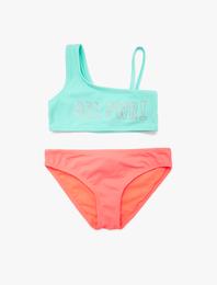 Bikini Set Tek Omuz Simli Baskılı Renk Bloklu