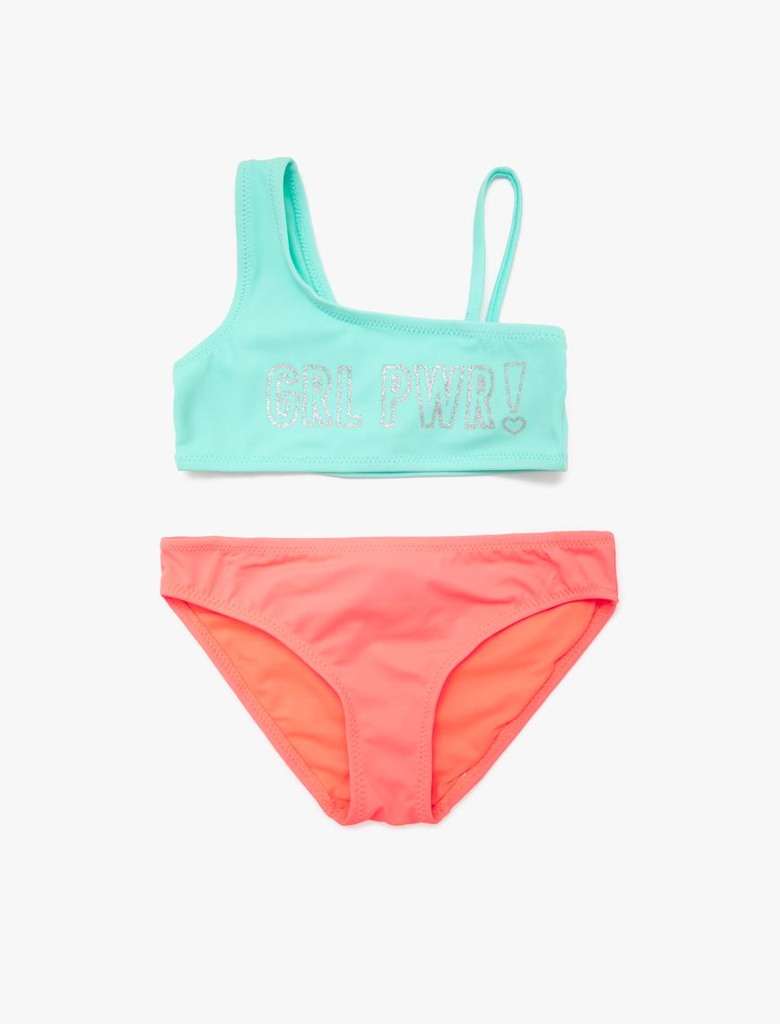  Kız Çocuk Bikini Set Tek Omuz Simli Baskılı Renk Bloklu