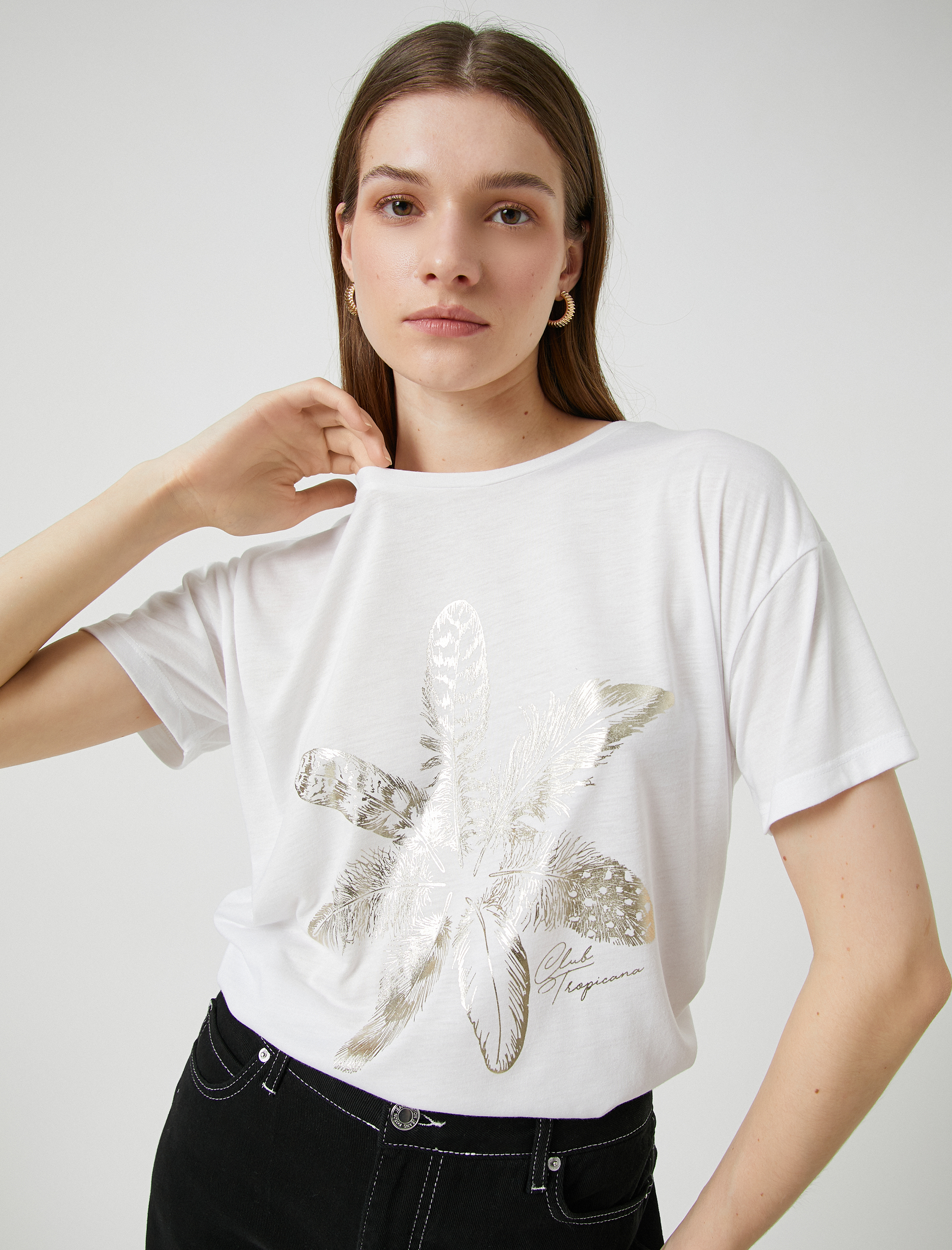   Parlak Baskılı Tişört Kısa Kollu Bisiklet Yaka