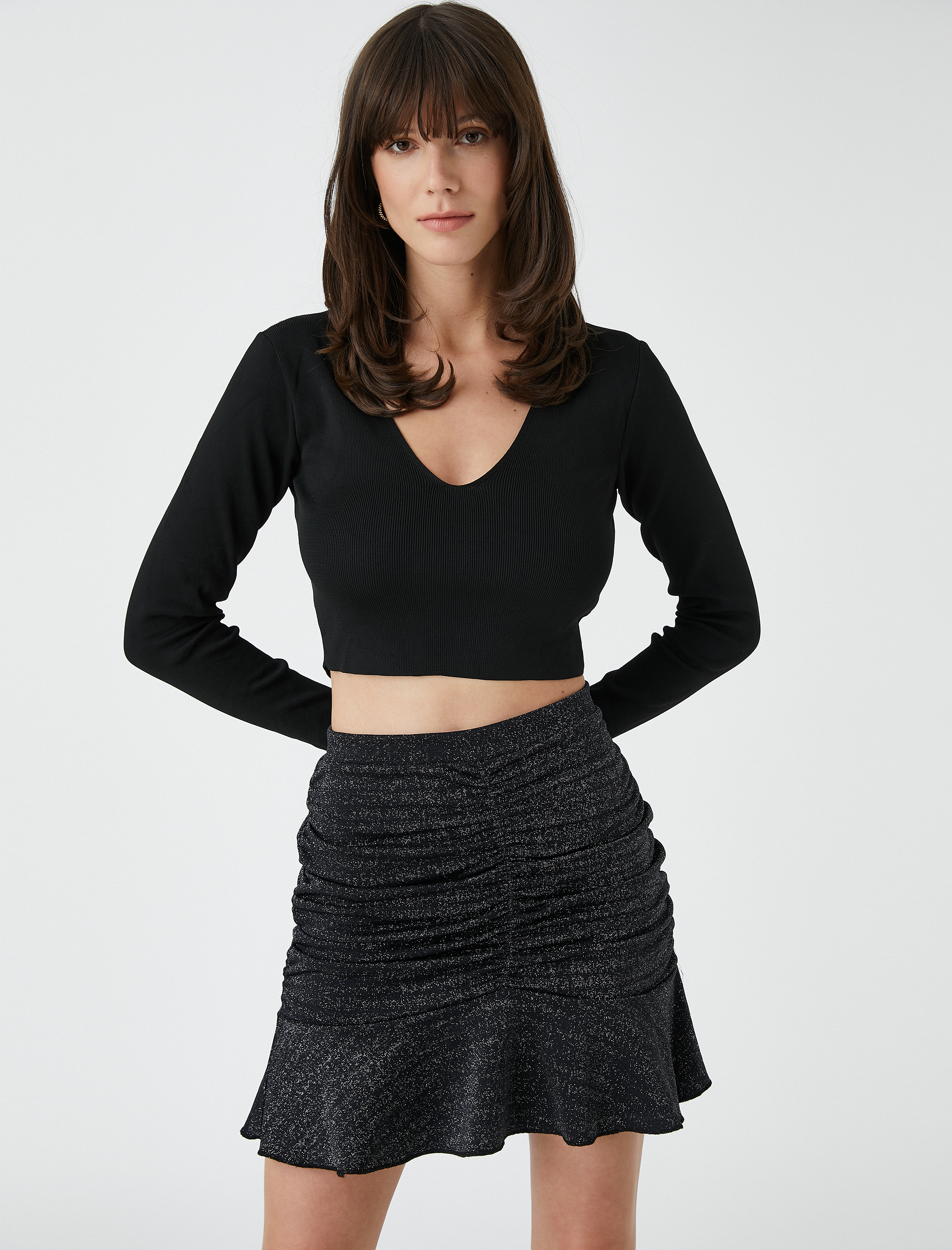   Mini Abiye Etek Simli Drapeli Volanlı