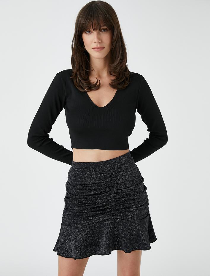  Mini Abiye Etek Simli Drapeli Volanlı