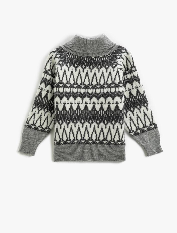 Kız Çocuk Boğazlı Örgü Kazak Uzun Kollu Desenli