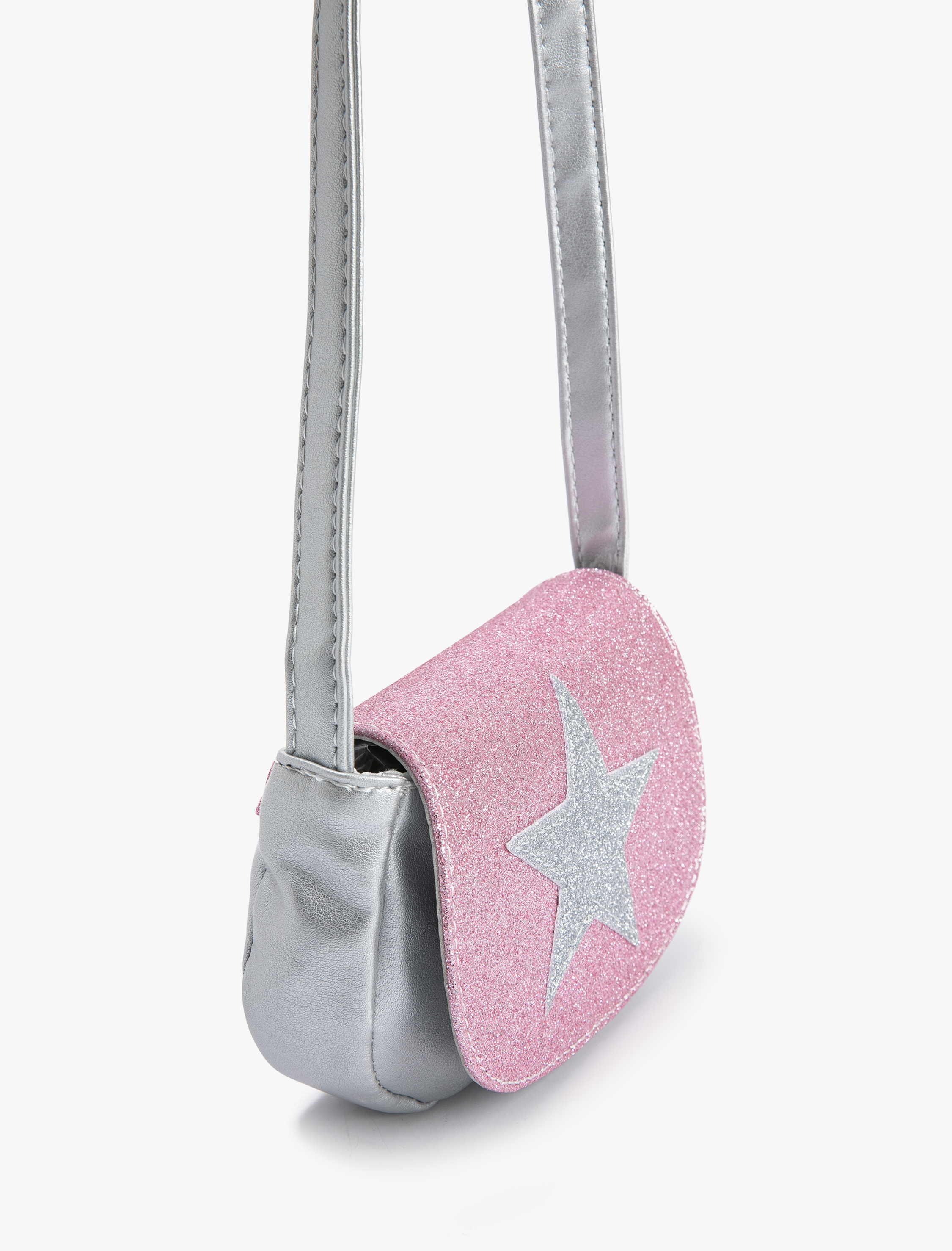  Kız Çocuk Kapaklı Omuz Çantası Simli Yıldız Aplike Detaylı