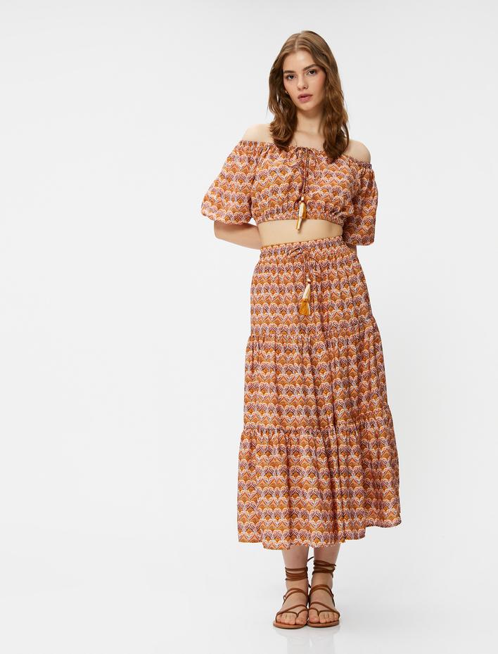  Crop Bluz Etnik Baskılı Lastik Detaylı