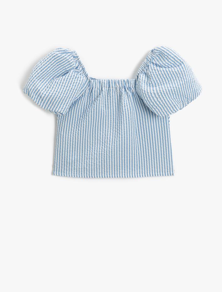 Kız Çocuk Crop Bluz Kısa Balon Kollu Kare Yaka Astarlı