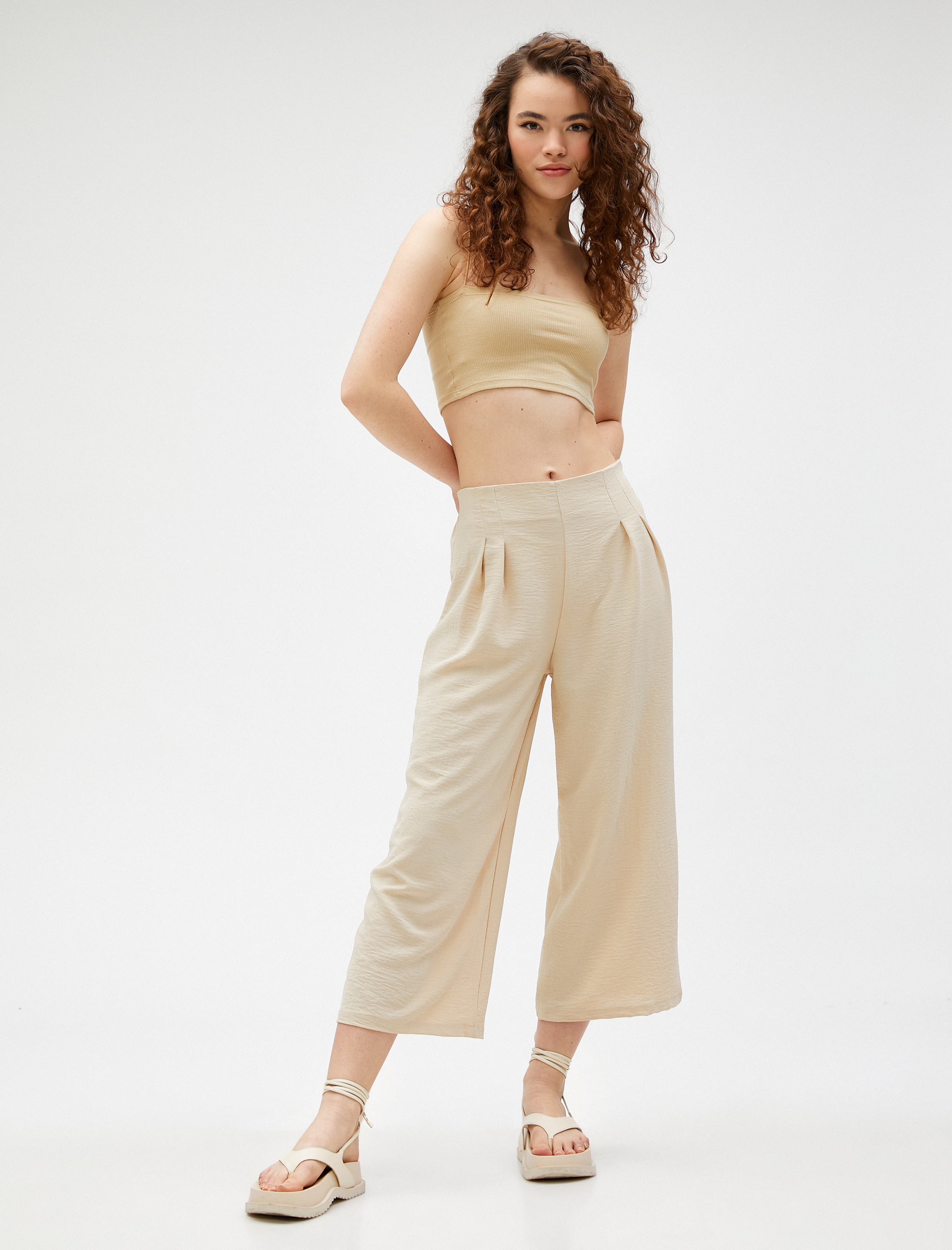   Bol Paça Pantolon Crop Yüksek Bel Pensli