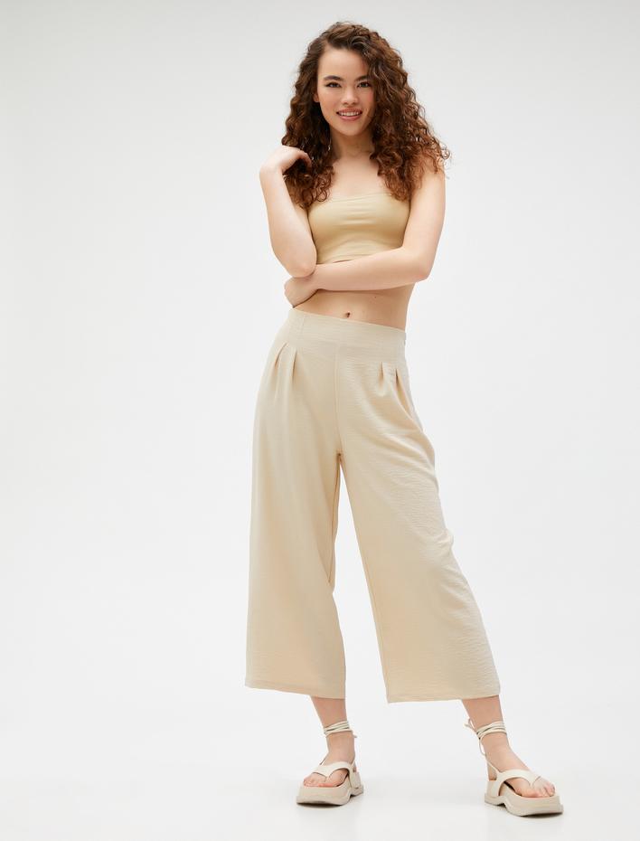  Bol Paça Pantolon Crop Yüksek Bel Pensli