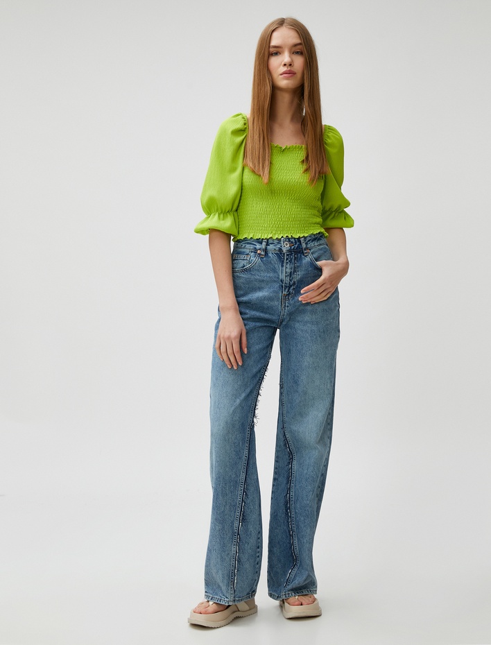  Crop Tişört Gipeli Balon Kollu Kare Yaka Bürümcük