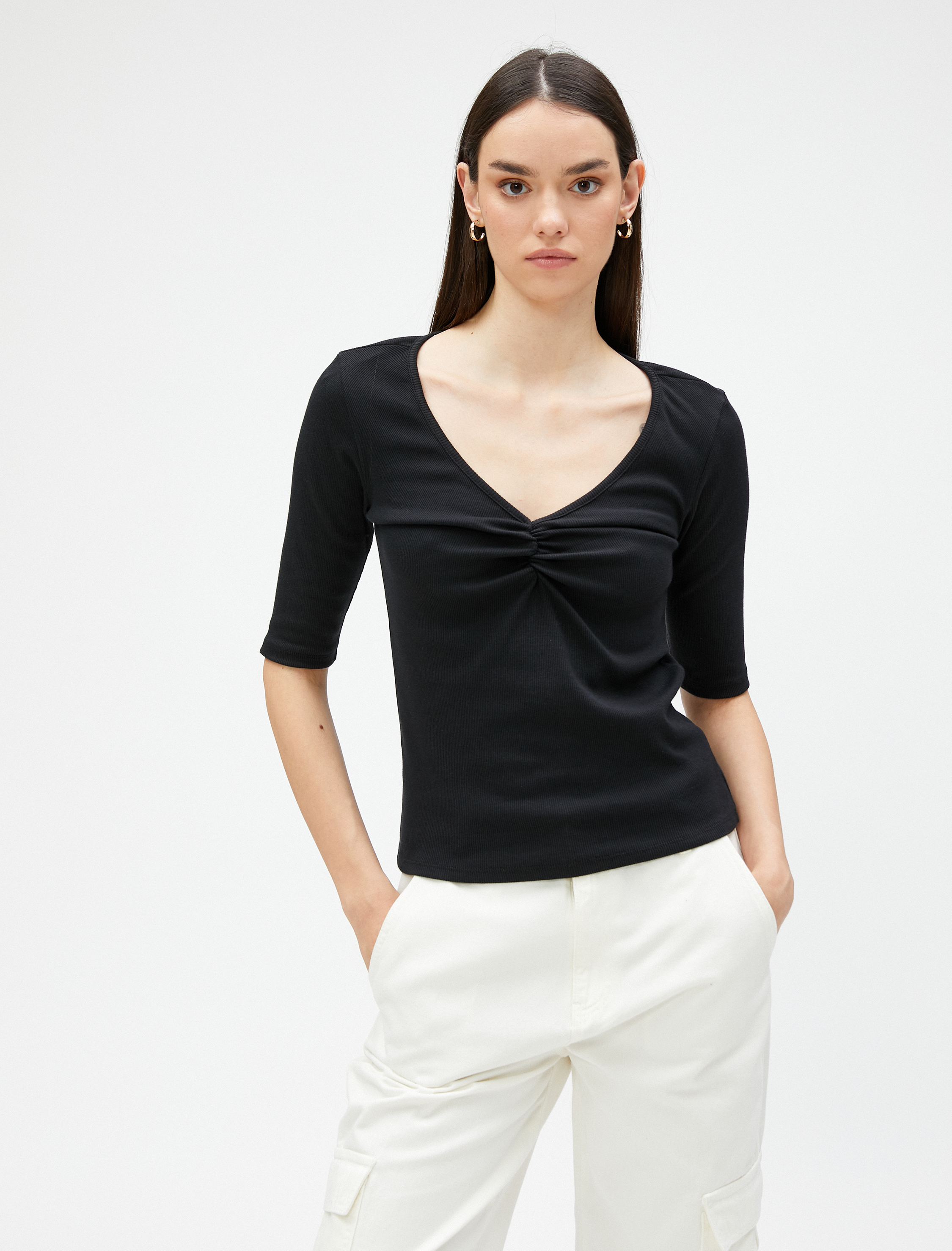   Büzgü Detaylı Tişört V Yaka Kısa Kollu