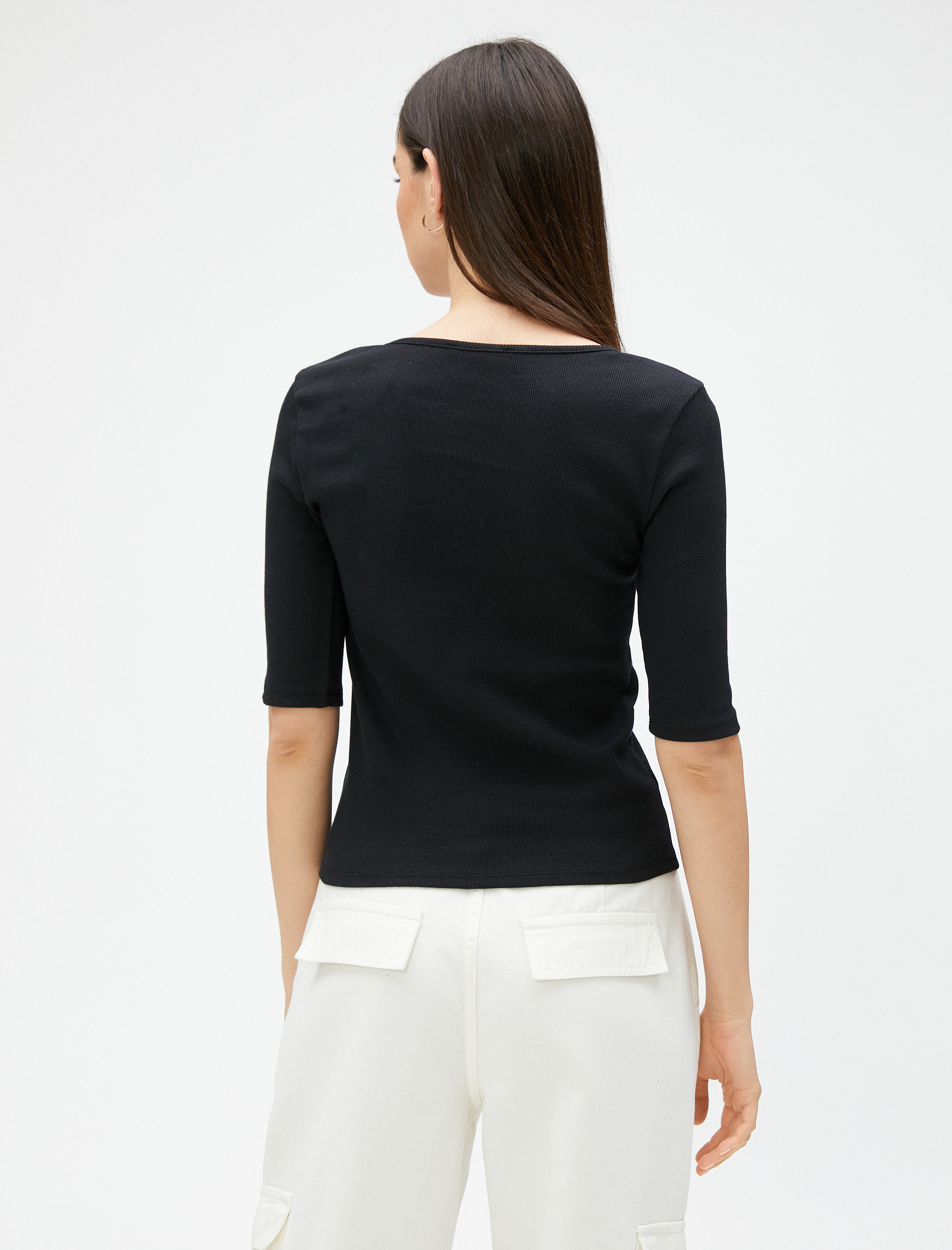   Büzgü Detaylı Tişört V Yaka Kısa Kollu