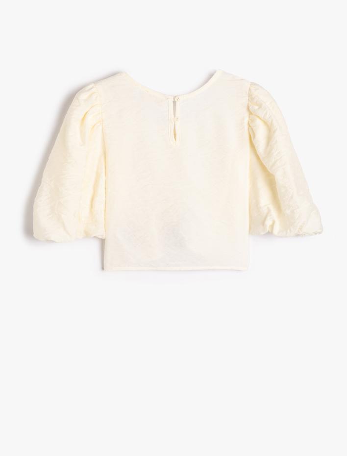 Kız Çocuk Bluz Önü Büzgülü Kısa Balon Kollu V Yaka Viskon Kumaş