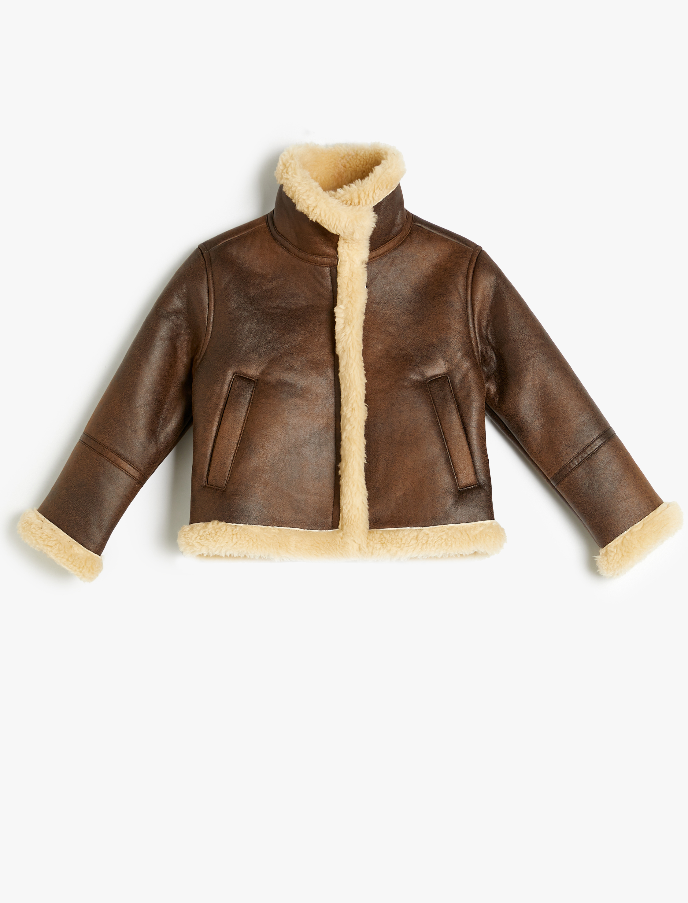  Kız Çocuk Peluş Detaylı Dik Yaka Cepli Suni Deri Ceket