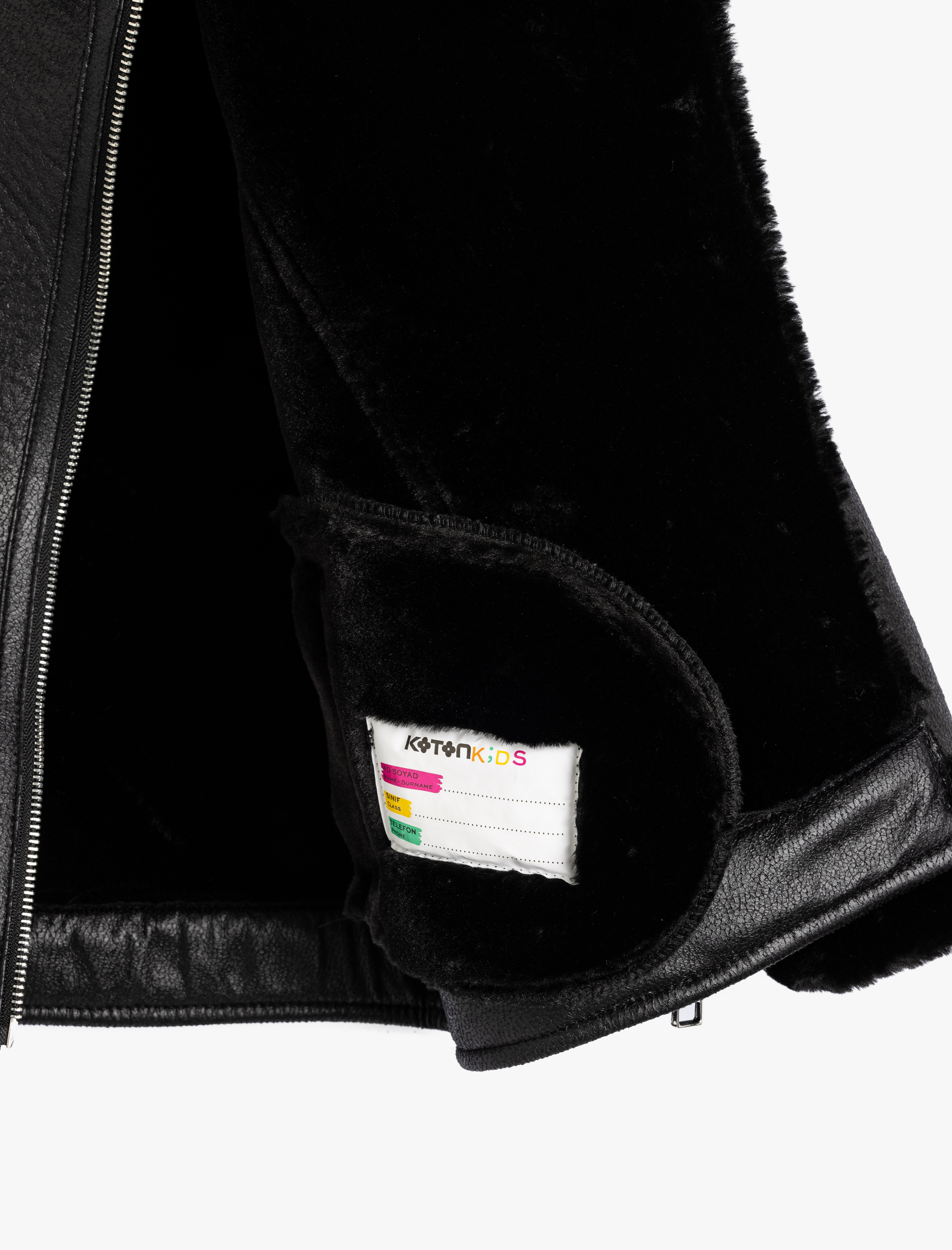 Kız Çocuk Biker Ceket Deri Görünümlü Suni Kürk Yaka Detaylı Fermuarlı