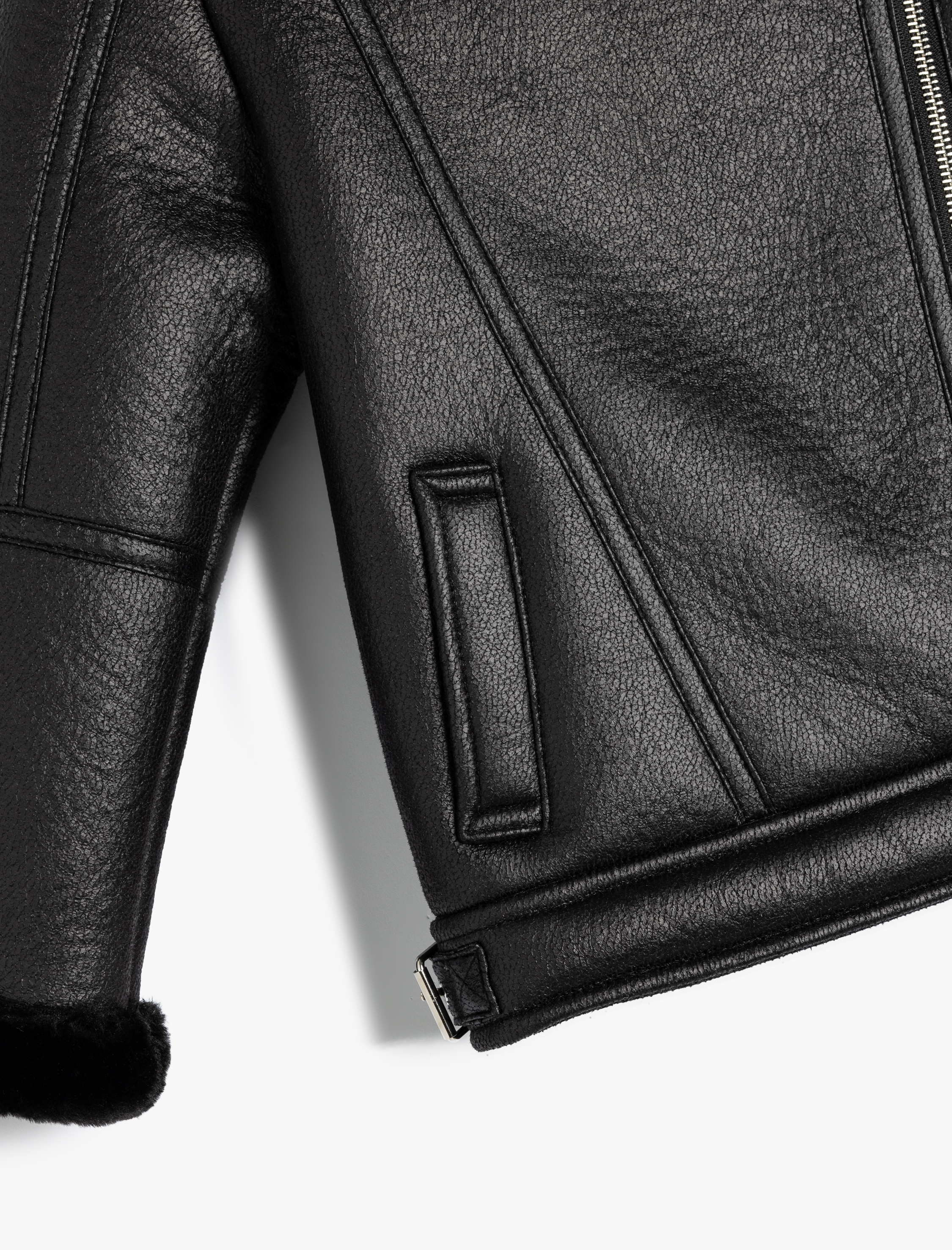 Kız Çocuk Biker Ceket Deri Görünümlü Suni Kürk Yaka Detaylı Fermuarlı