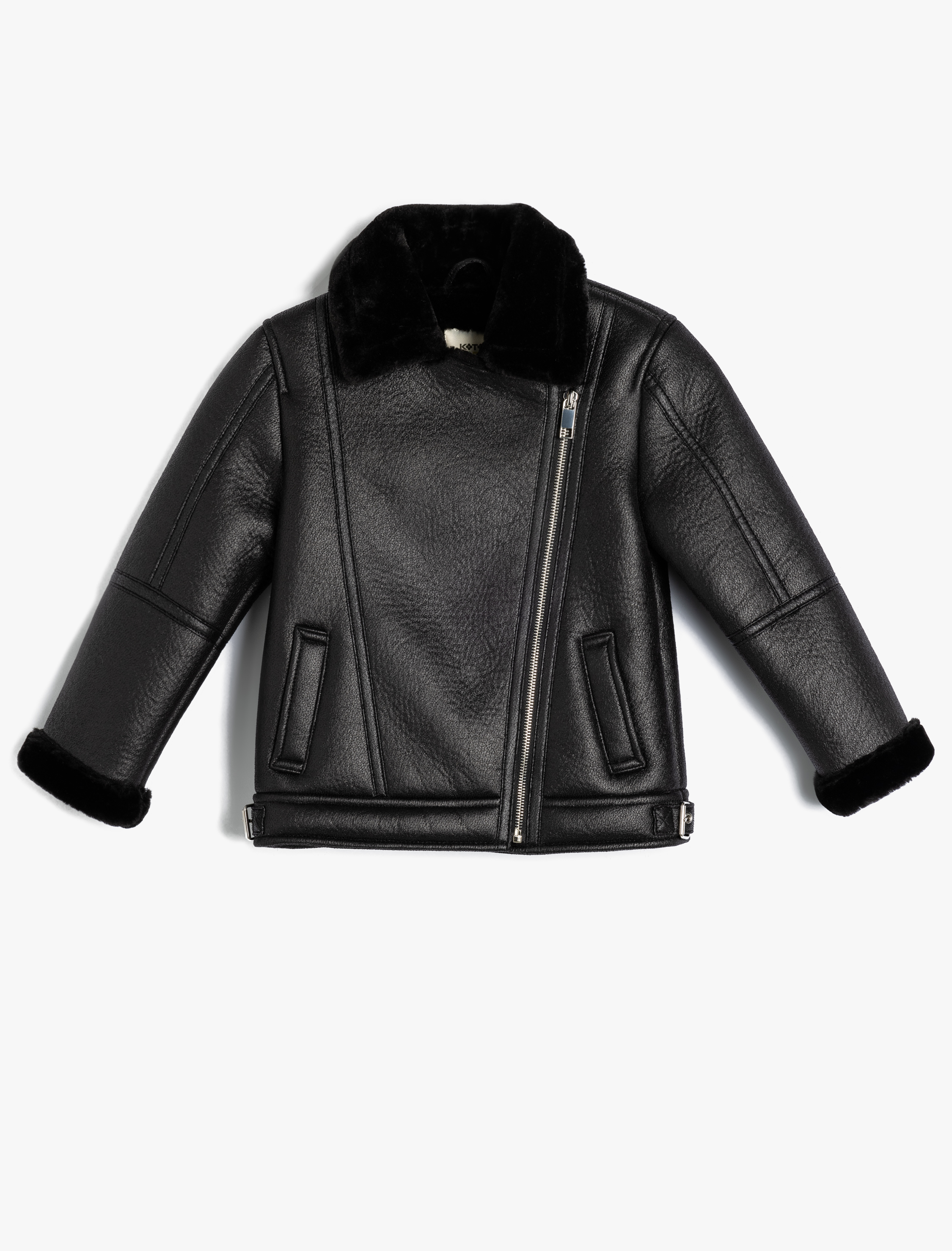 Kız Çocuk Biker Ceket Deri Görünümlü Suni Kürk Yaka Detaylı Fermuarlı