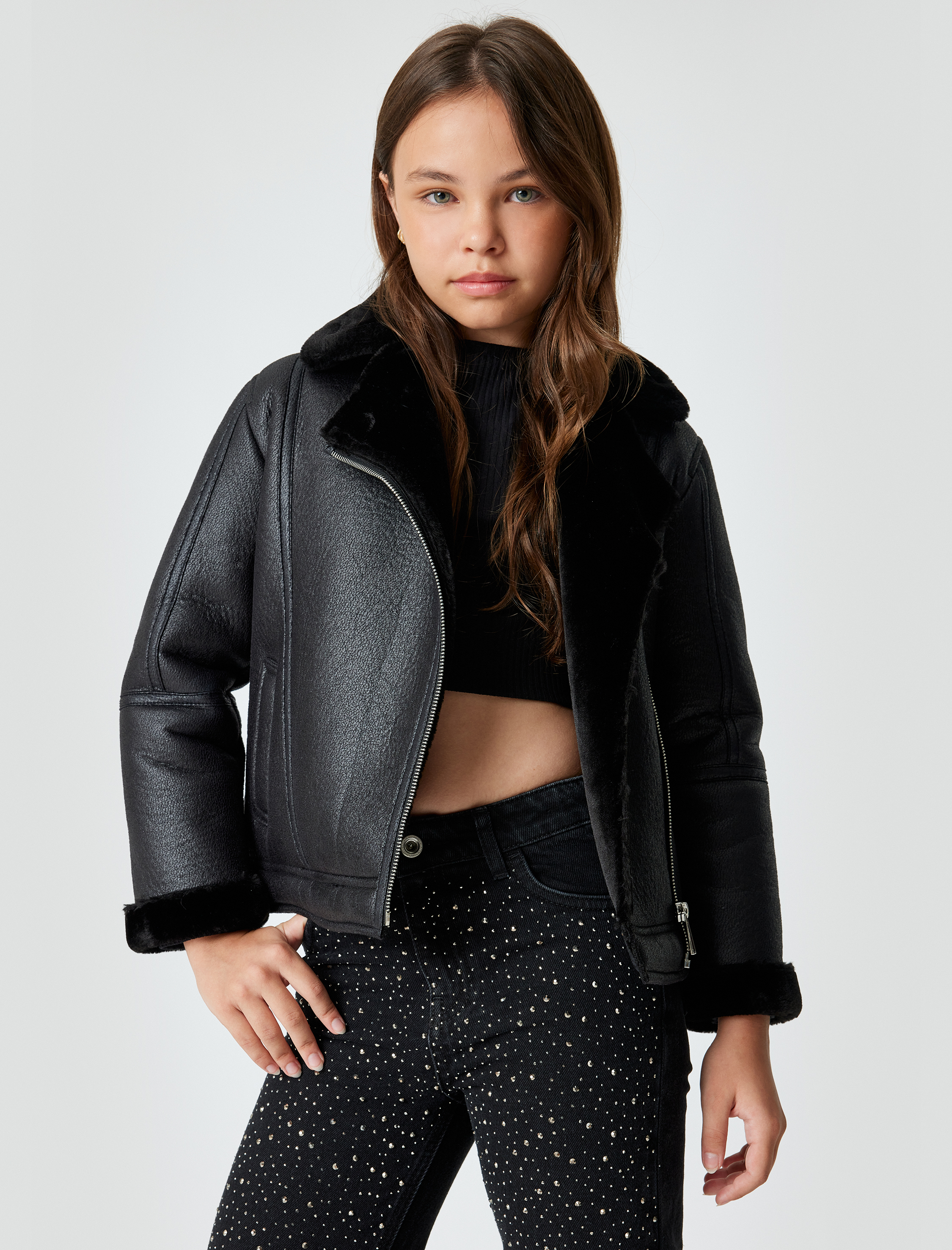 Kız Çocuk Biker Ceket Deri Görünümlü Suni Kürk Yaka Detaylı Fermuarlı