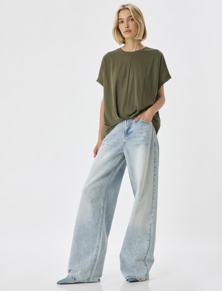  Düşük Omuz Kısa Kollu Bluz Rahat Kalıp Yuvarlak Yaka