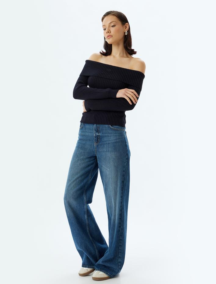  Omzu Açık Triko Kazak Uzun Kollu