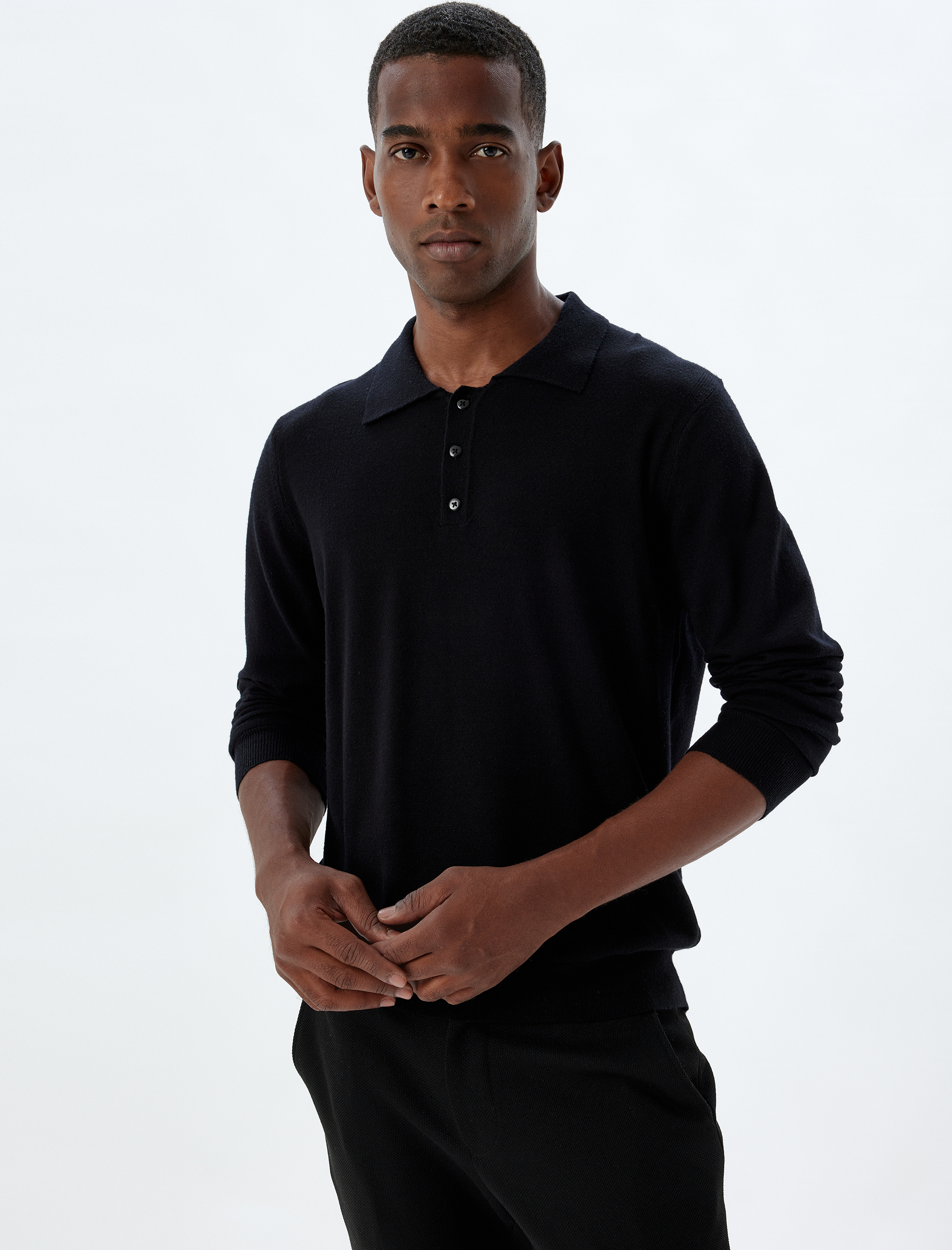   Polo Yaka Kazak Triko Basic Uzun Kollu Düğmeli