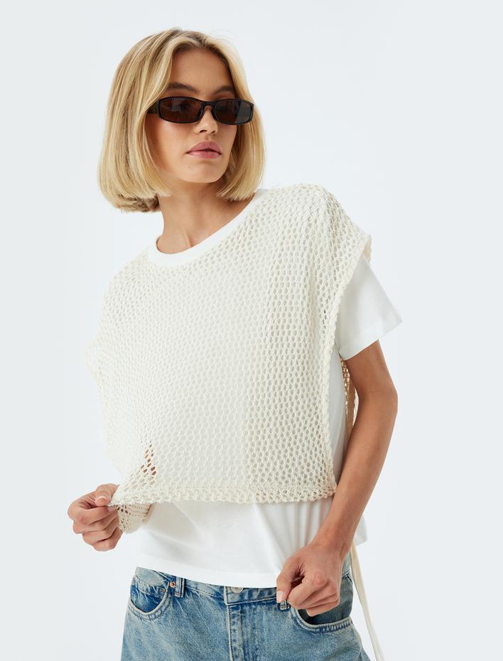  Kroşe Detaylı Tişört Kısa Kollu Bisiklet Yaka