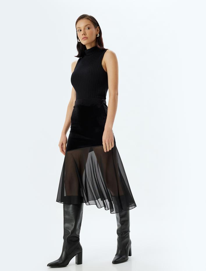  Midi Boy Asimetrik Kesim Fırfırlı Tül Detaylı Kadife Etek