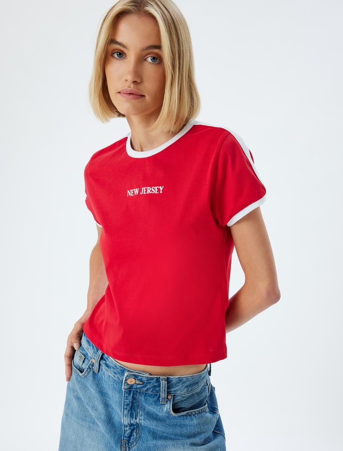  Baskılı Tişört Biyeli Kısa Kollu Bisiklet Yaka Pamuklu