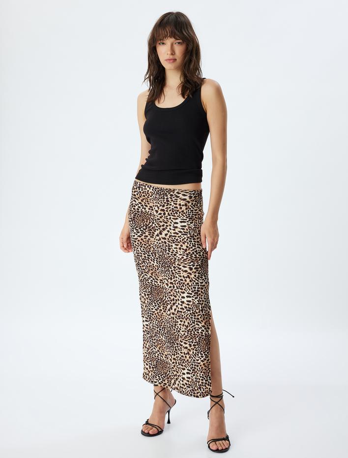  Leopar Etek Uzun Kalem Form Yırtmaç Detaylı Slim Fit