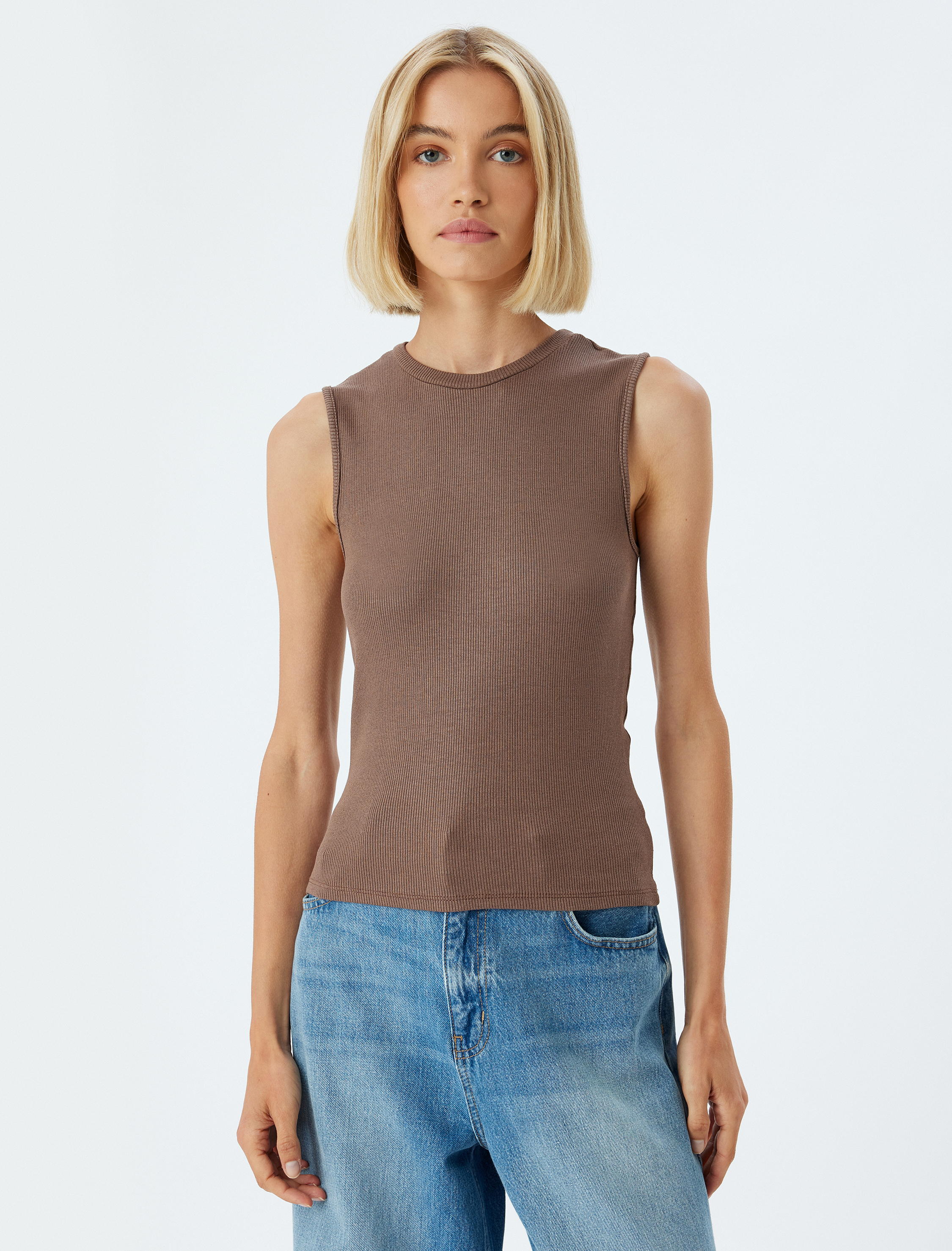 Yuvarlak Yaka Viskon Kumaş Basic Fitilli Atlet