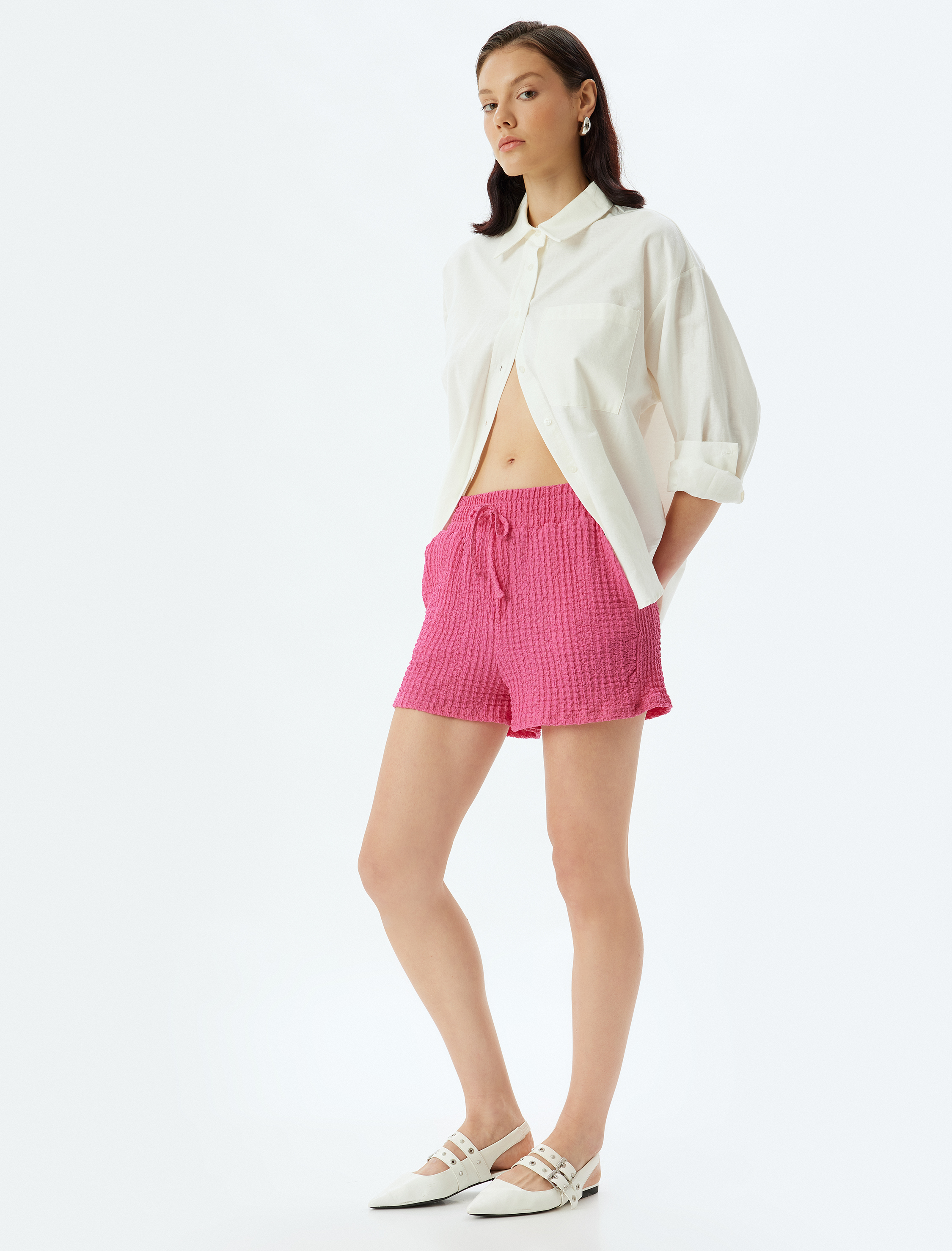   Mini Dokulu Şort Cepli Beli Bağlamalı Rahat Kalıp