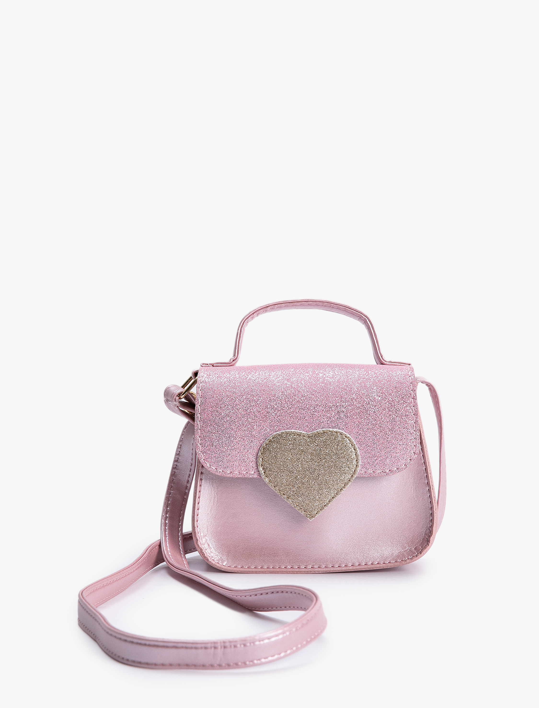  Kız Çocuk Kapaklı Omuz Çantası Simli Kalpli Aplike Detaylı