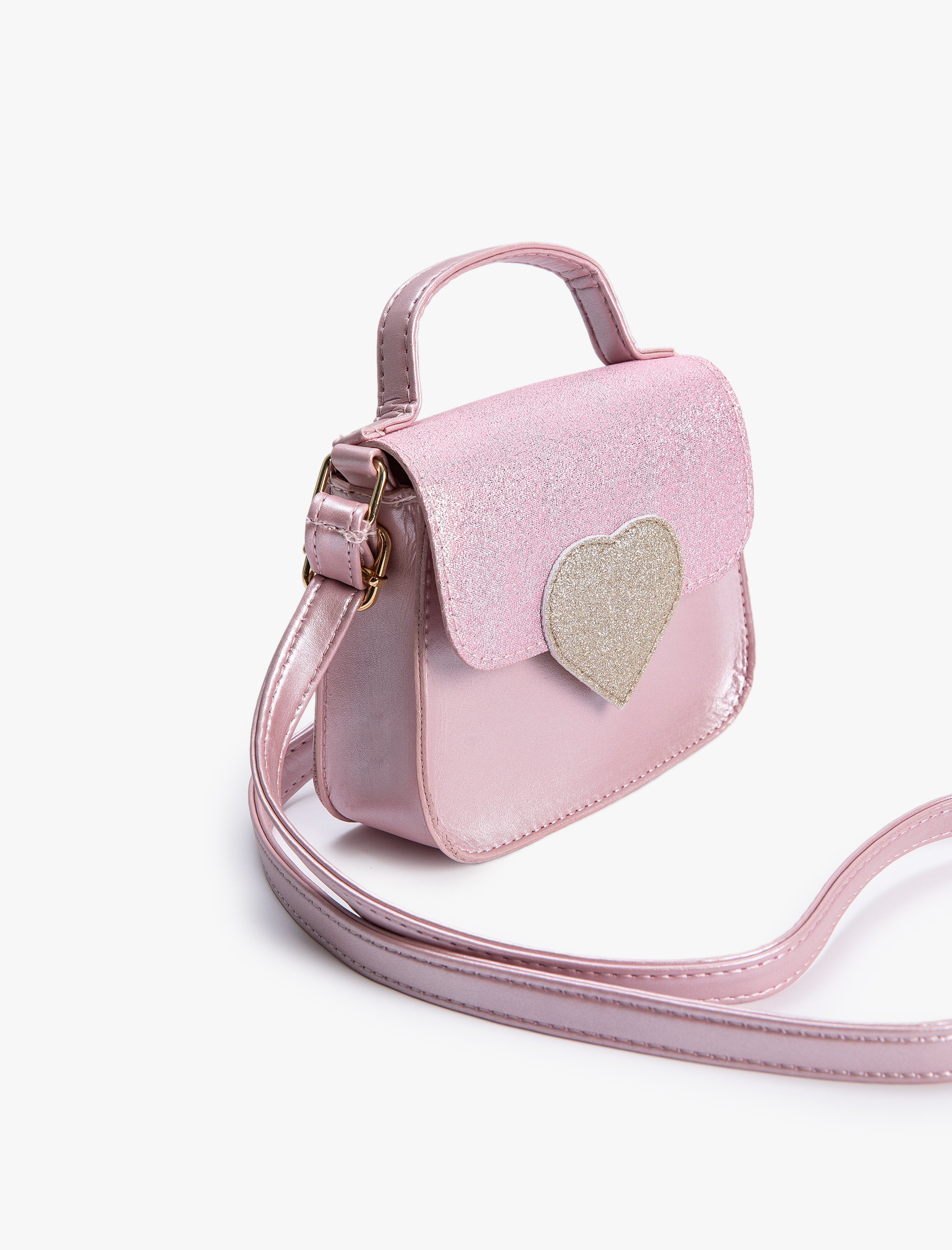  Kız Çocuk Kapaklı Omuz Çantası Simli Kalpli Aplike Detaylı