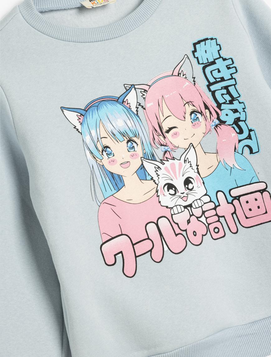  Kız Çocuk Sweatshirt Anime Baskılı Uzun Kollu Bisiklet Yaka