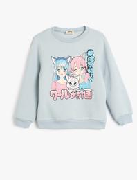 Sweatshirt Anime Baskılı Uzun Kollu Bisiklet Yaka